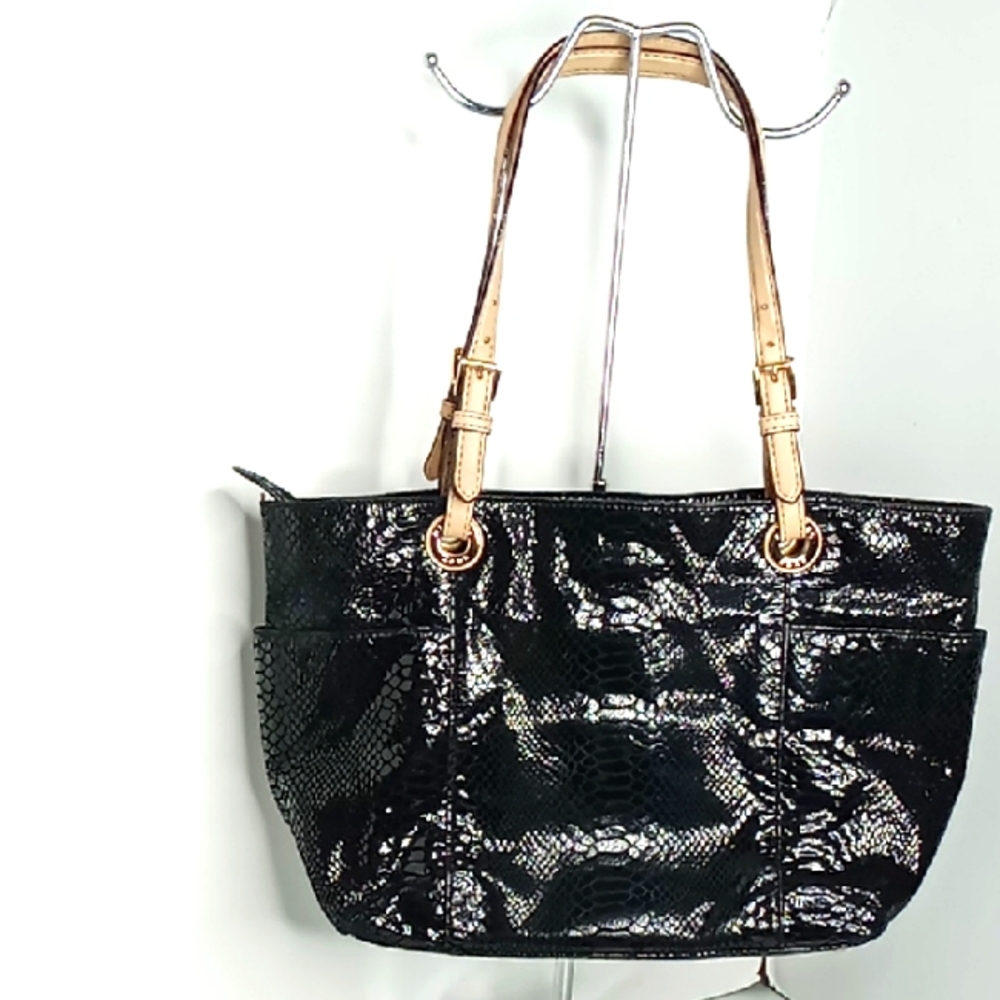 Michael Kors Black Snakeskin Leather Tote w/Tan Shoulder Straps